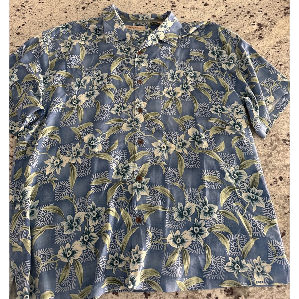 Tommy Bahama Men XXL Blue Orchid Floral Tropical Silk Short Sleeve Camp Shirt